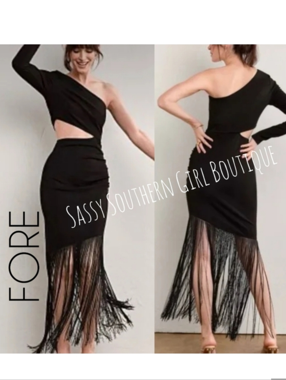 🆕⭐Fore Black Fringe Cut Out Midi Dress